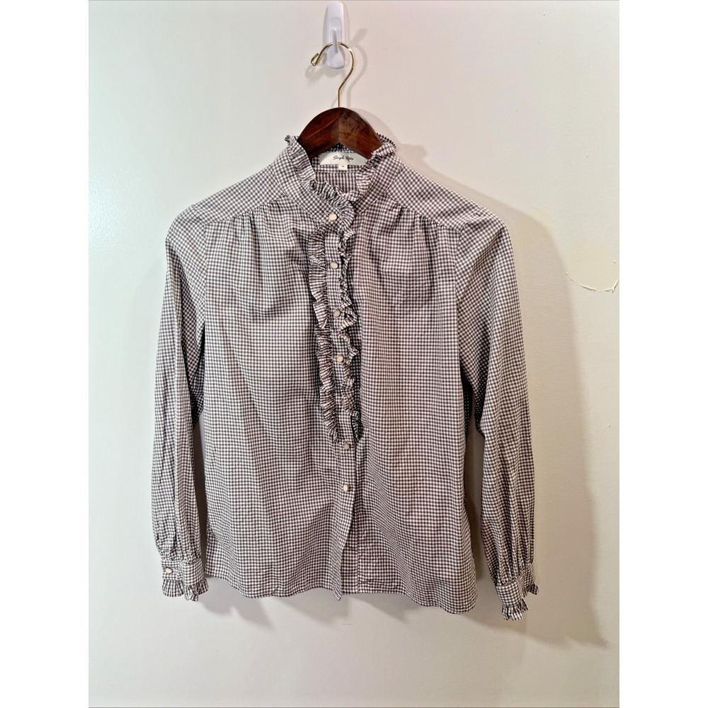 Simple Retro Womens Gingham Button Up‎ Ruffled Blouse XS Prairie Country Cottage